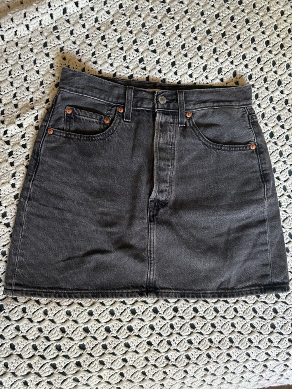 Levi's Charcoal Black Denim Ribcage Mini Skirt with Copper Rivets & Button Fly